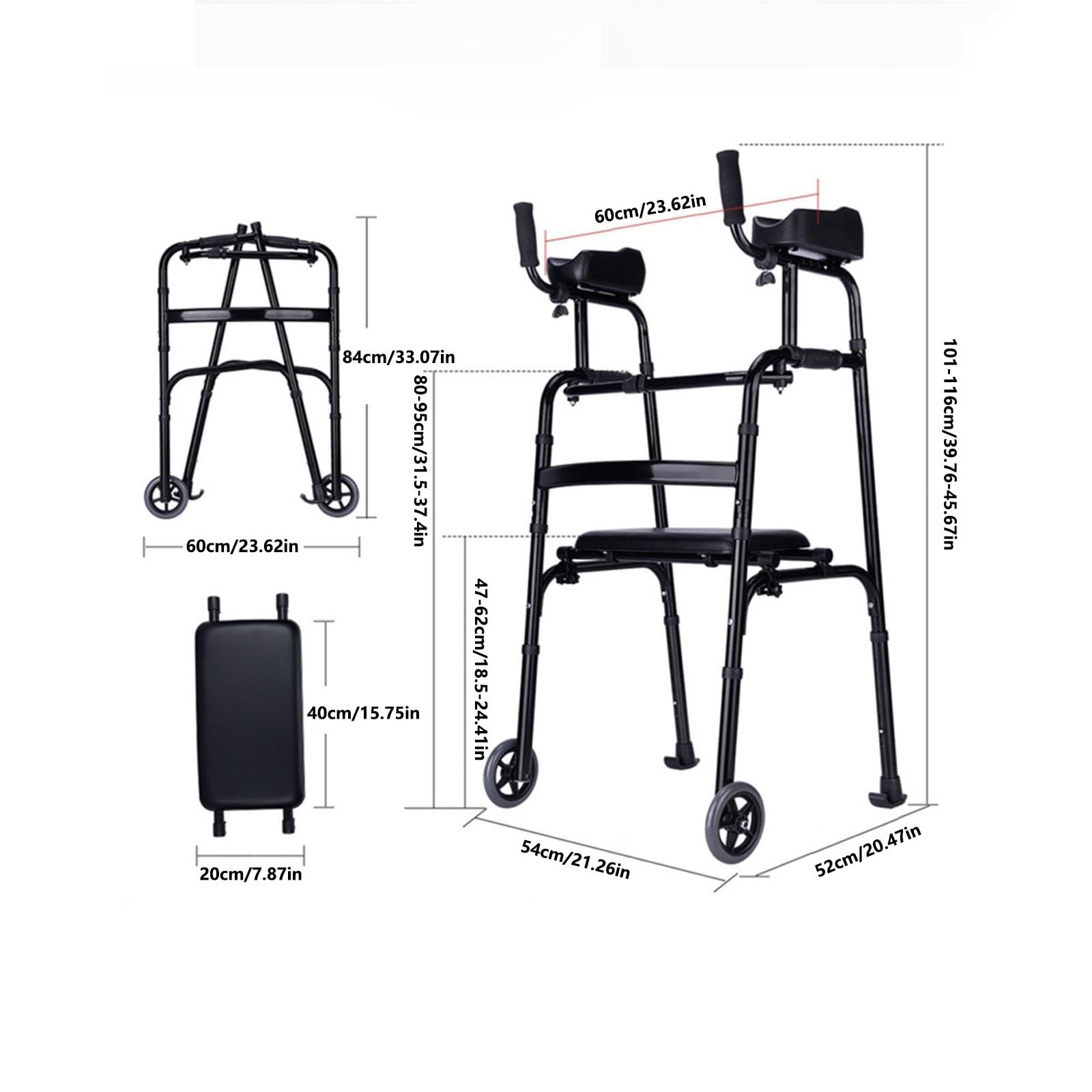 Chodzik Rollator Chodzik na kółkach z siedziskiem dla osób niepełnosprawnych ruchowo, z regulacją wysokości, składany, regulowane uchwyty, chodzik na kółkach dla seniorów Pomoce do chodzenia