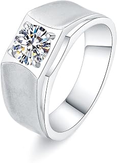 Moissanite Rings for Men 1 Carats Zircon Opening Solitaire Diamond Wedding Band 18K White Gold D Color Brilliant Round Cut Moissanite Wedding Engagement Anniversary Ring
