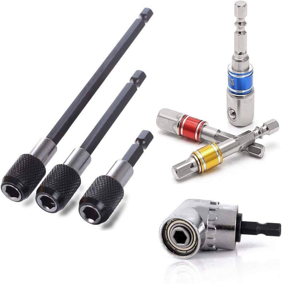OSOF Extension Bar Hex Shank Socket Adapter Drill Bit, 3Pcs Impact Socket Square Nut Driver Bit + 3Pcs 1/4 Hex Shank Screwdriver Bit Holder + 1Pcs 1/4 Hex 105 Degree Right Angle Drill Attachment