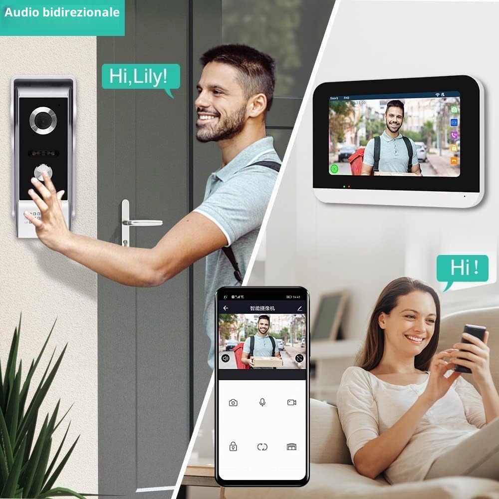WiFi Tuya Videocitofono per Casa Intelligente Videocitofono per Porta Touch Screen 1080P HD 7 Pollici Colore con Telecamera Campanello cablata 120¡ã