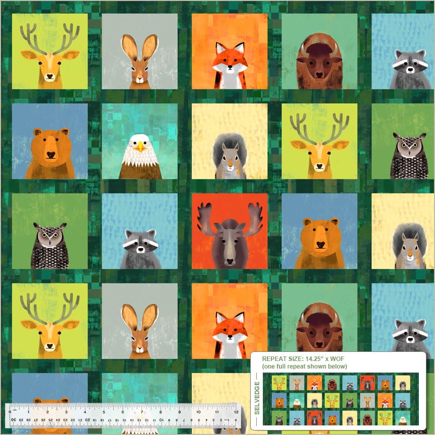 14.25"" X 44"" Panel Wildlife Portraits Woodland Animals Wild North Green Cotton Fabric Panel (53933D-1)