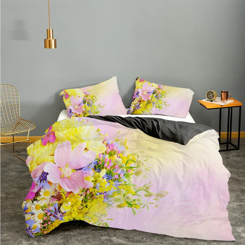 Housse de couette 240 x 260 microfibre fermeture éclair avec taies d'oreiller fleurs roses