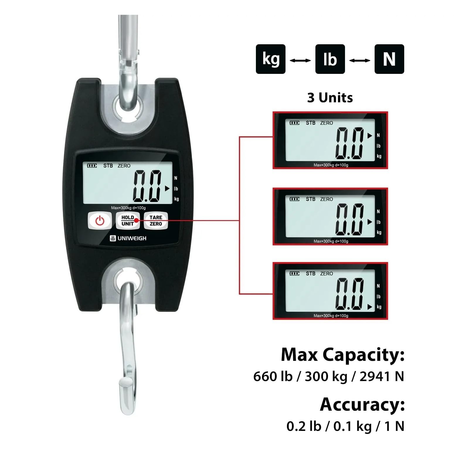 Bilancia sospesa digitale 660 lb/300 kg, mini bilancia da gru industriale portatile con ganci, con funzioni LCD/mantenimento/tara per Garage Farm