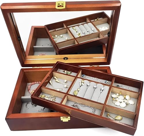 Miniatura 2 de Joyero de madera maciza para mujer, caja organizadora grande de 2 capas con espejo para anillos, aretes, collares, madera de estilo vintage
