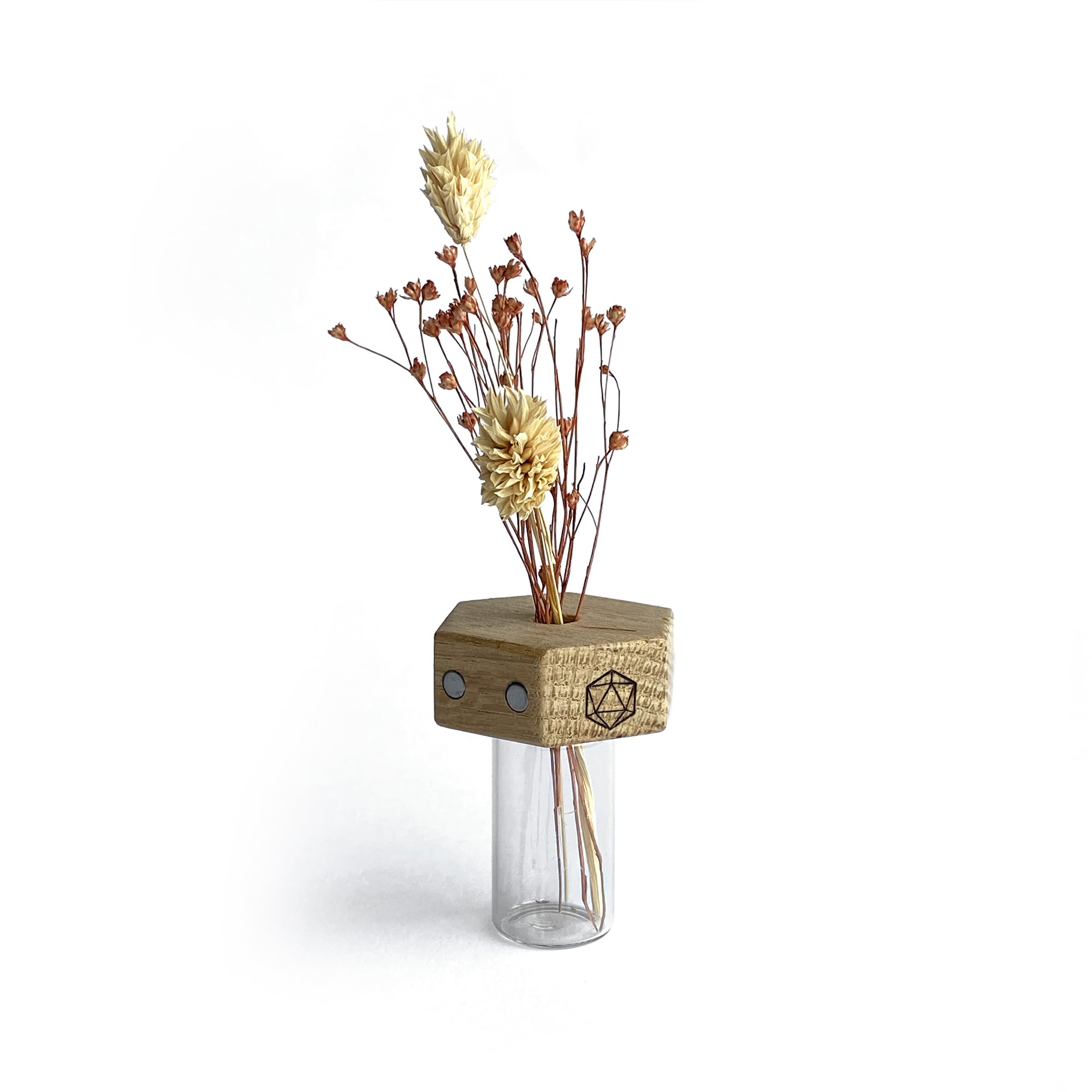 IKOSAEDRO Mini Florero Magnético de Madera y Cristal – Jarrón Artesanal Hecho a Mano – Decoración Hogar Salón – Diseño Escandinavo – Regalo Elegante Ideal – Maceteros de Interior - Imanes de Neonimio