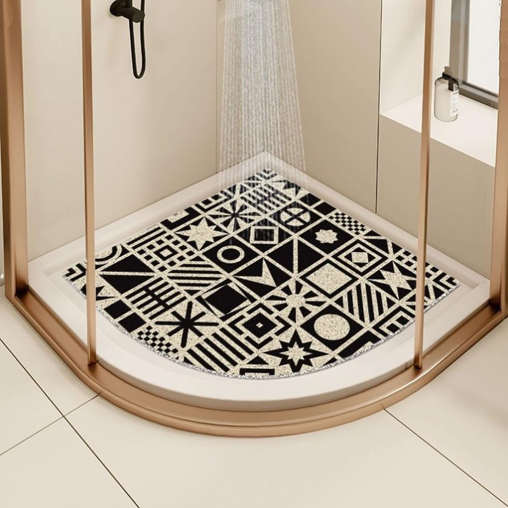 Shijhui Black Corner Shower Mat For Inside Shower, Non-Slip Anti-Mould Sector Loofah Bath Mat, Curved Quadrant For Bathroom Wet Area With Drain (, 70X70cm)