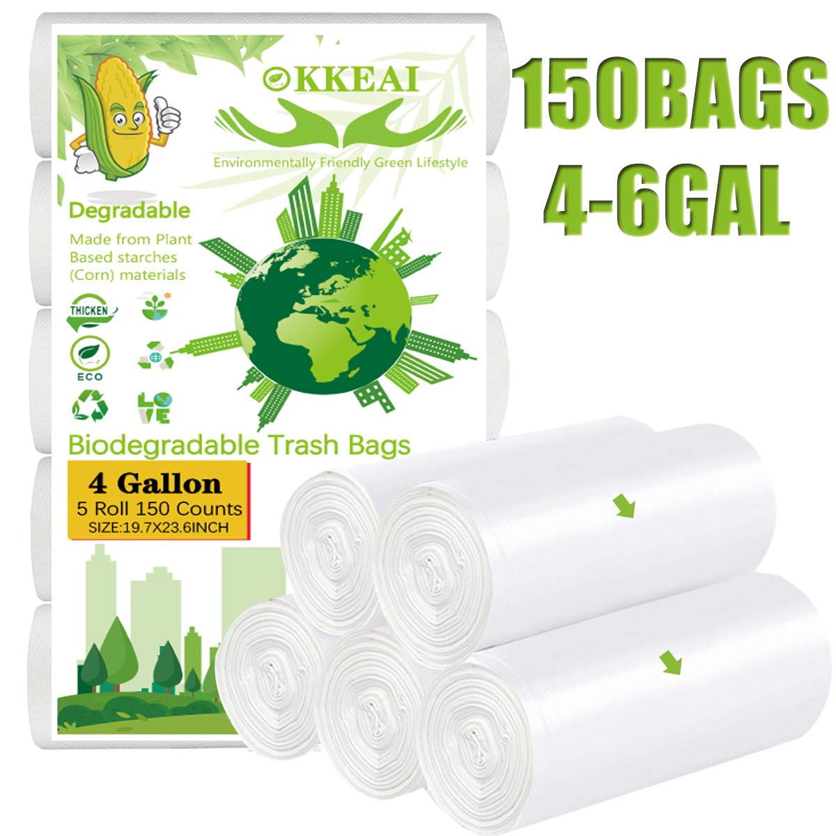 OKKEAI 4-5 Gallon Trash Bags Small Garbage Bags Bathroom Trash Can Bags150 Counts Wastebasket Liners for Office Kitchen,White,Fits 15-20 Liter Bins