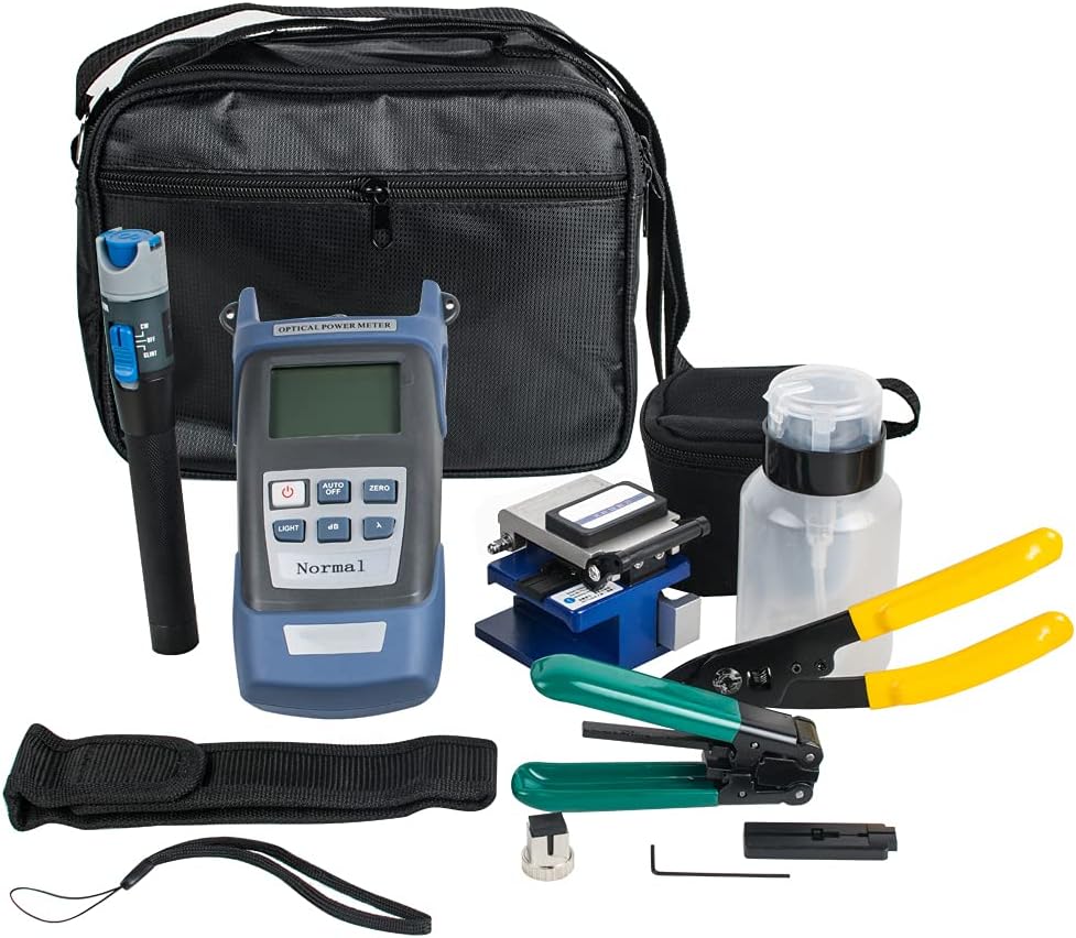 Enshey Fiber Optic FTTH Tool Kit FTTH Assembly Optical Fiber Termination Tool Kit with FC-6S Cleaver Optical Power Meter Visual Fault Locator Finder Cable Cutter Stripper 5km