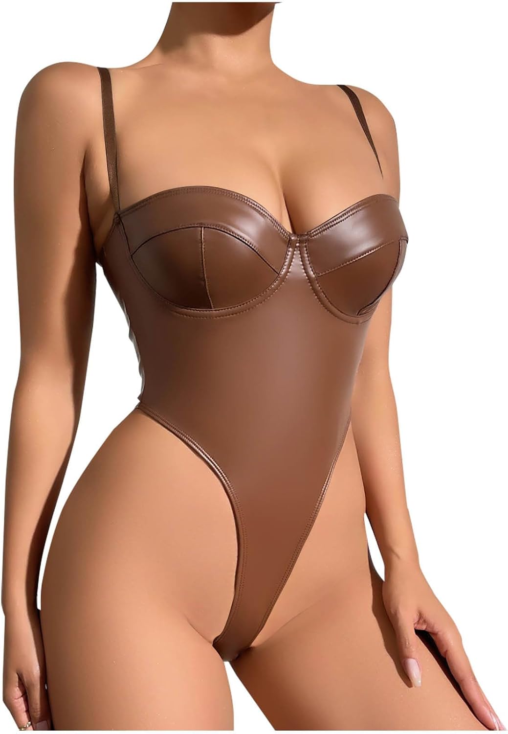 Women's Sexy Lingerie Set Spaghetti Strap Pu Faux Leather Babydoll Bodysuit Teddy Boudoir Outfits Party Clubwear