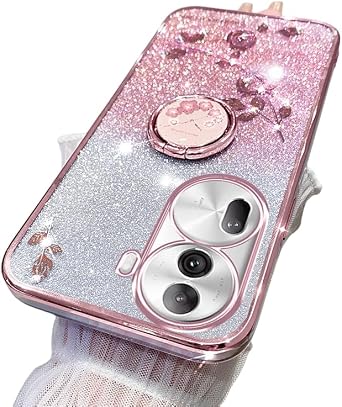 Silicone Case Compatible with Oppo Reno 11 Pro Case with Ring Stand, Glitter Luxury Floral for Women Men Soft Slim Anti-Fingerprint Clear Bling Protective Shell for Oppo Reno 11 Pro Cover Pink