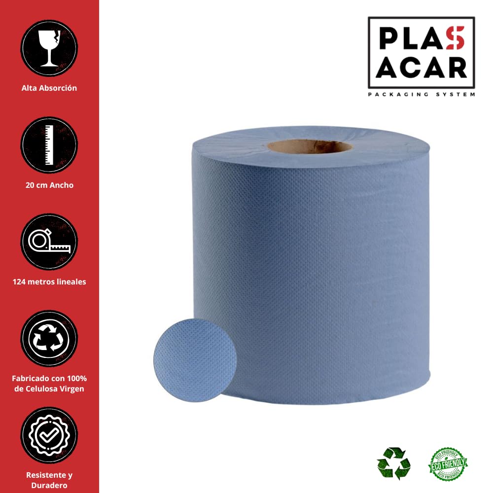 Bobina Papel Secamanos Mecha AZUL 100% Celulosa Virgen Pack 6 Unidades