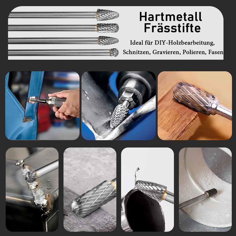 Treki 4 Stück Lang Hartmetall Frässtifte mit 6mm Schaft Hartmetallfräser Fräsaufsatz für Bohrmaschine, Wolframstahl Fräser Bits Holzschnitzerei Bohrer Set für Holzarbeitung, Metallfräser Holzfräser