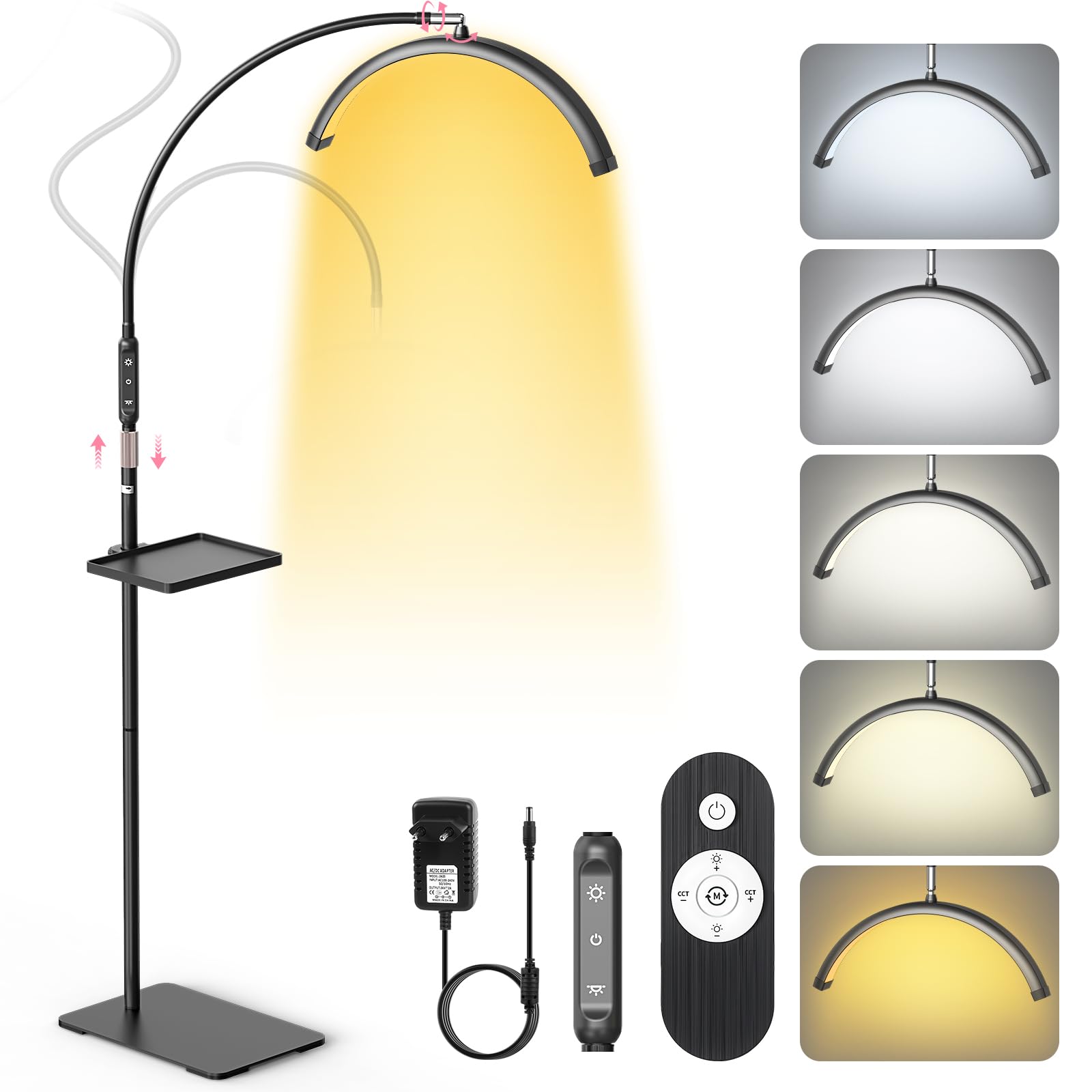 Lampe Extension de Cils Professionnel: 18" Pliable Lampe Demi Lune Onglerie avec 5 Couleurs Intensité Variable & 360° Rotative pour Salon, Domicile, Noir