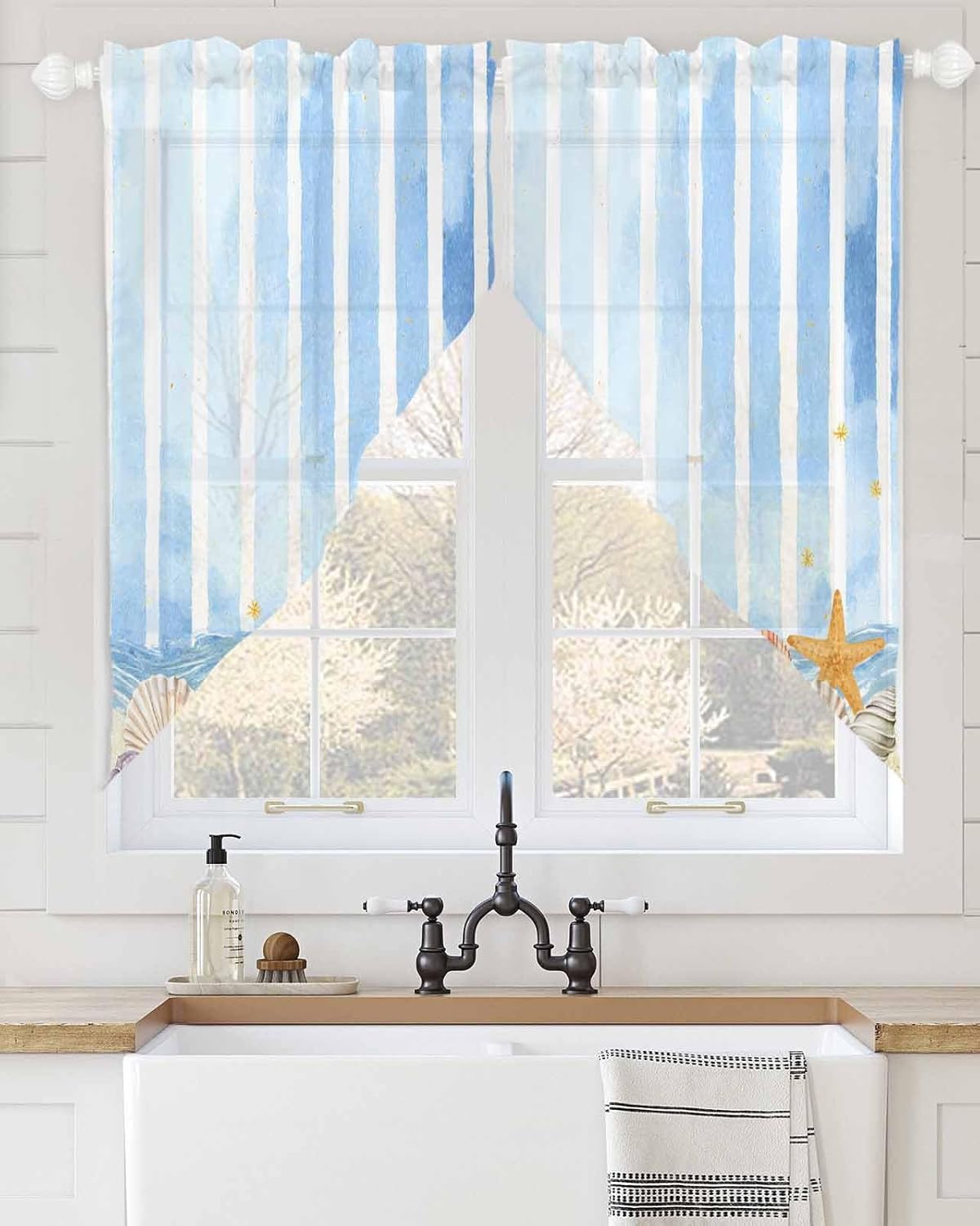 Blue Ocean Swag Curtain 63 Inches Long 2 Panels Set, Summer Marine Shells Couch Starfish Beach Watercolor Semi-Sheer Curtain Rod Pocket Valance For Kitchen,Living Room,Bathroom,Cafe 72"Wx63"L