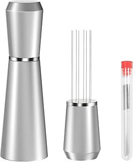 Jeymei WDT Espresso Distribution Tool, 0.35mm 8 Needle Coffee Stirrer with 8 Extra Needles, 304 Stainless Steel, Aluminum Alloy Handle with Stand, Barista Espresso Whisk Tool (Metal Silver)