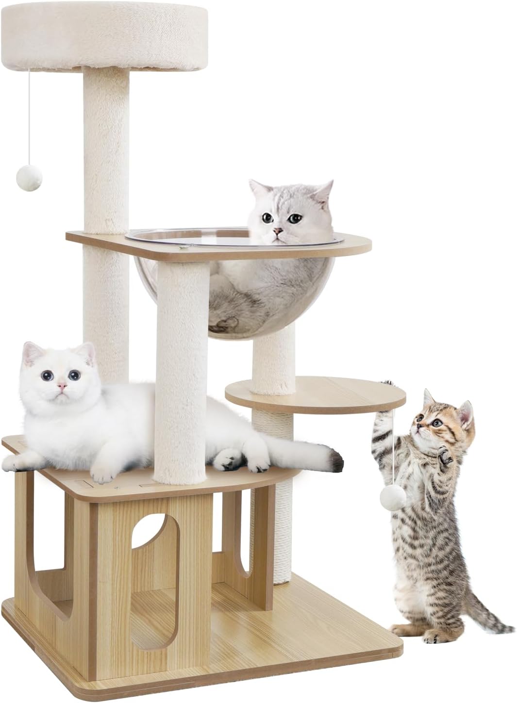 Amazon キャットタワー 木製 天然木 据え置き 高さ116cm 展望台 宇宙船付き おもちゃ付き 猫タワー 季節問わず 安定感