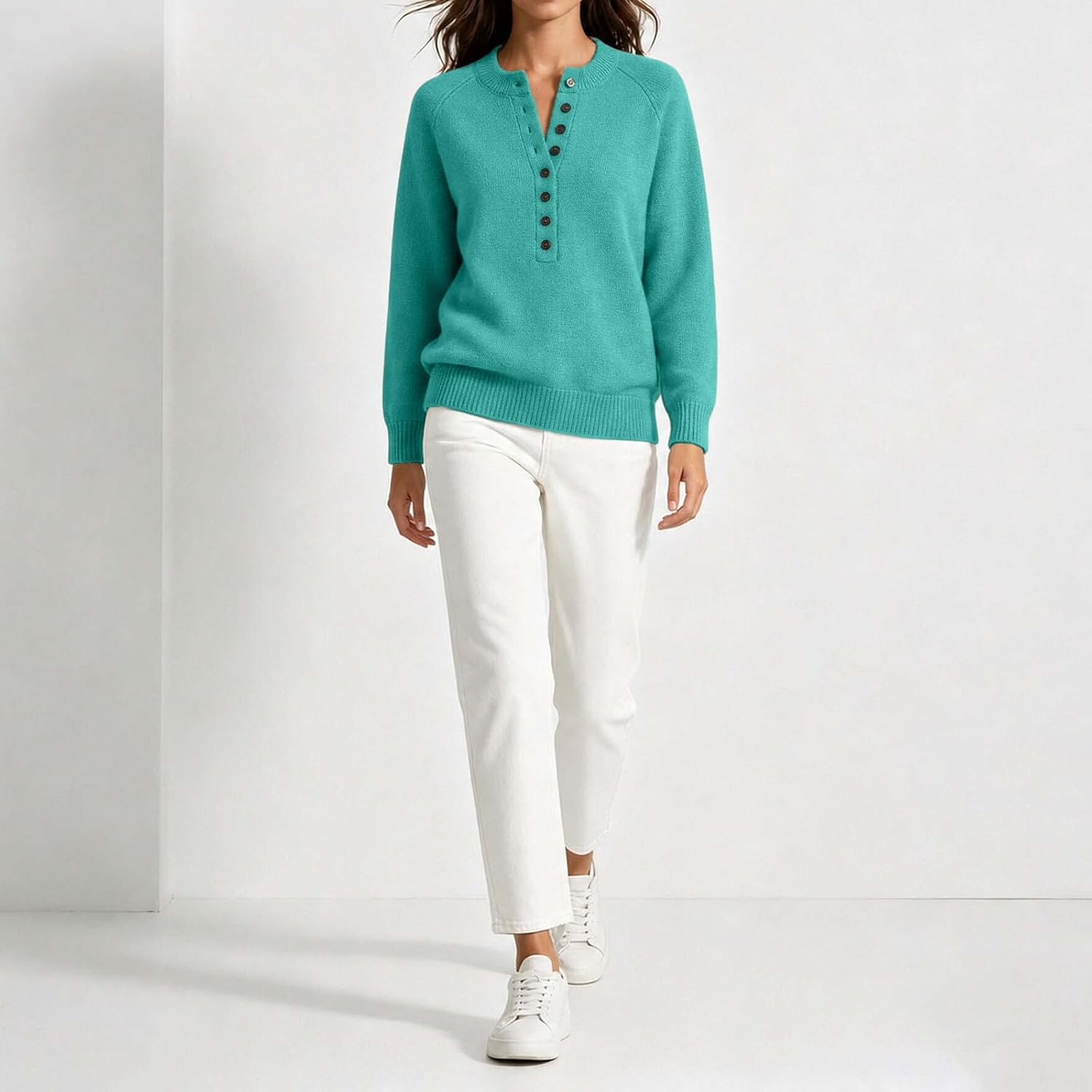 Women's Henley Knit Sweater Button Front Long Sleeve Pullover Tops
