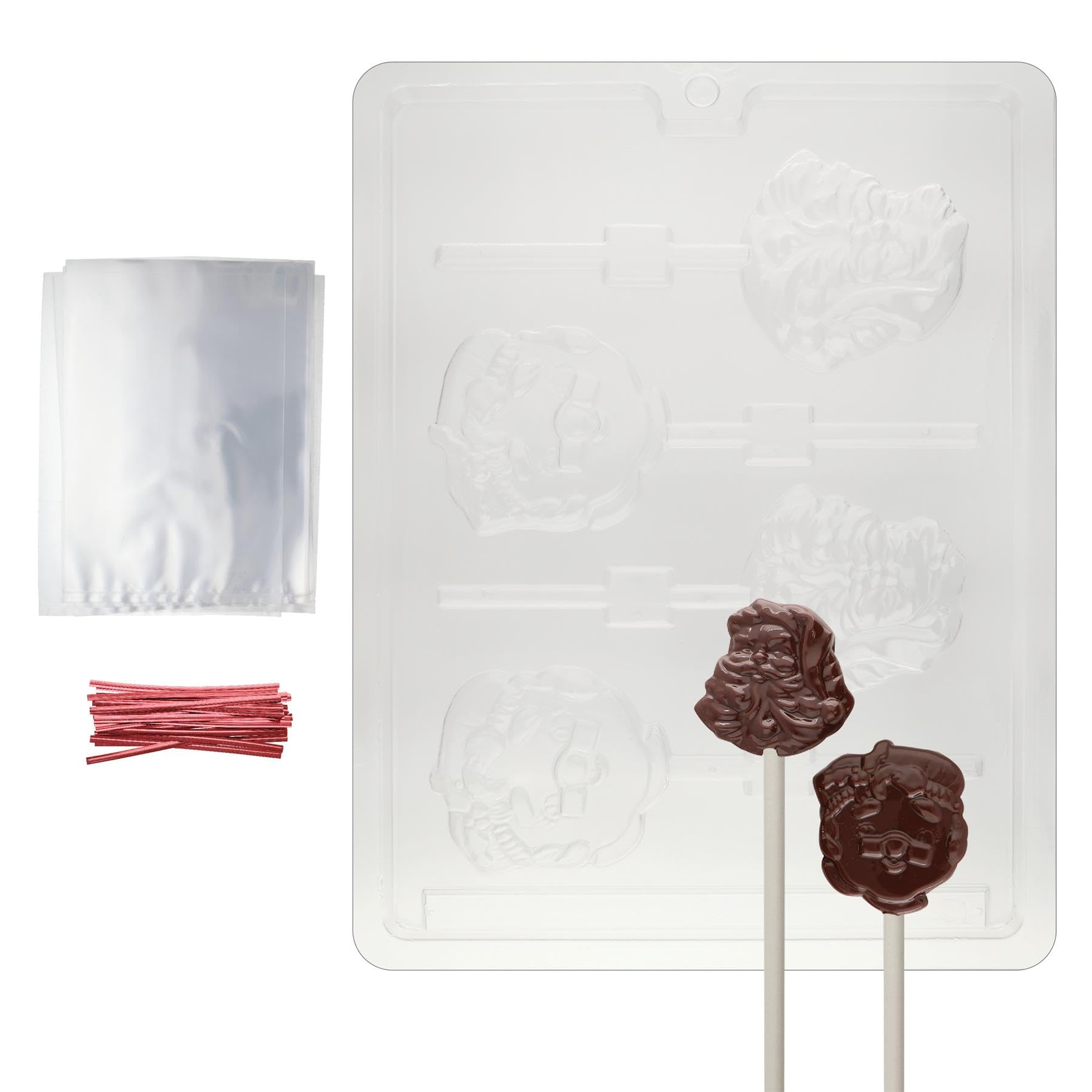 Moule à chocolat de Noël Mr and Mrs Cous avec kit d'alimentation pour sucettes (25 bâtons de sucettes, 25 sacs en cellophane, 25 attaches torsadées rouges, instructions de moulage (français non garanti)