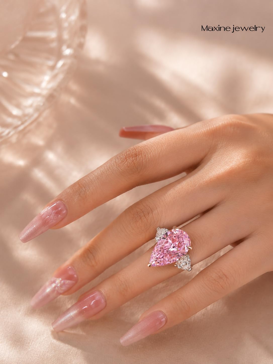 Maxinejewelry 8CT Pear Cut Pink/Clear 5A CZ Engagement Ring for Women, 18K White Gold Plated Three-Stone Promise Ring