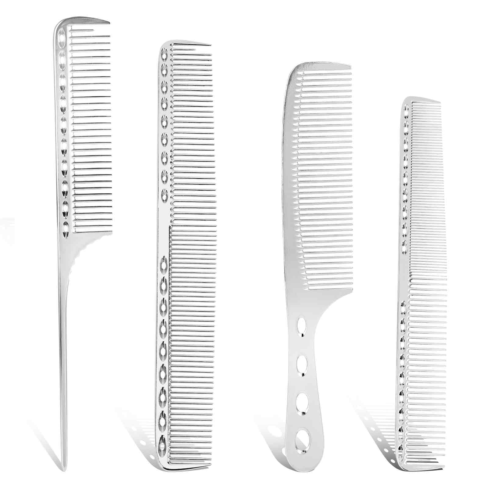 Metal Hair Styling Comb Set, 4 Types Aluminum Dressing Comb: Cutting Comb, Rat Tail Comb, Detangling Comb, and Handle Comb, For Women Metal Rat Tail Comb Hair Cutting Comb for Long Wet Curly, Silver
