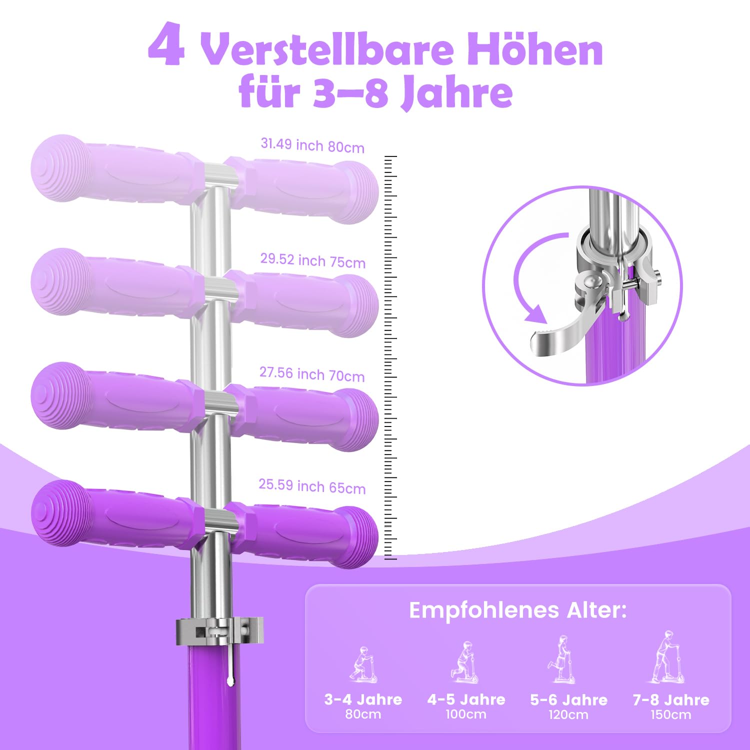 TONBUX Roller Kinder 3 Jahren, Kinder Roller mit Cool Beleuchteten Vorbau, Rädern und Deck, Verstärktes Metall-Deck, Höhenverstellbar 65–80 cm, Sensibler Hinterradbremsen, Roller für von 3–8 Jahren