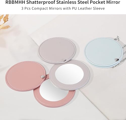 Miniatura 2 de 3 espejos compactos para monederos, espejo irrompible de acero inoxidable con funda de piel sintética, mini espejo de maquillaje portátil para