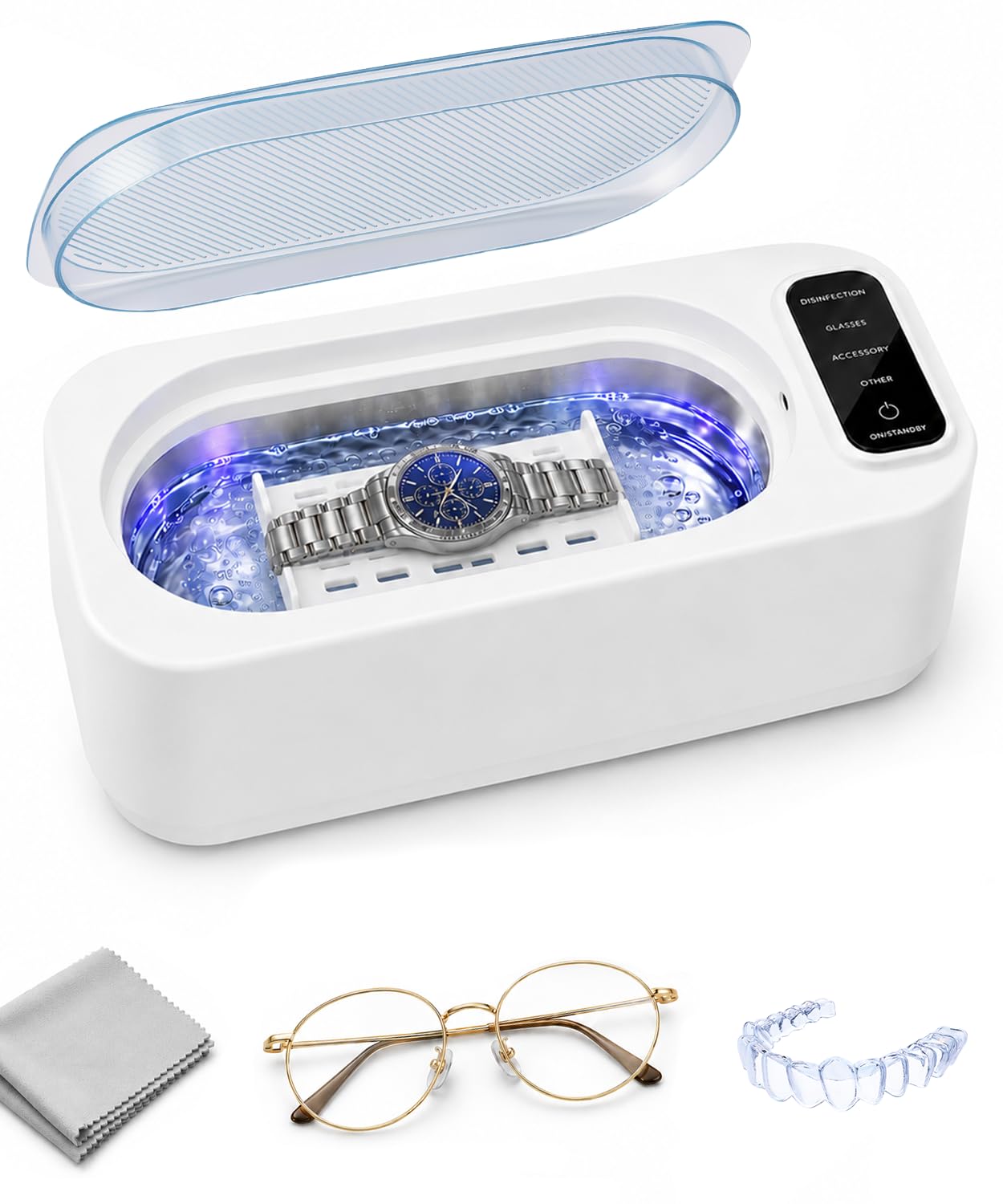 Ultraschallreinigungsgerät mit U-V, Ultraschallreiniger Brille,55KHz Schmuckreiniger Ultraschall, 350ML Ultraschall Reinigungsgerät, Cleaner mit 4 Modi für Schmuck, Zahnschiene, Schmuck,Uhren