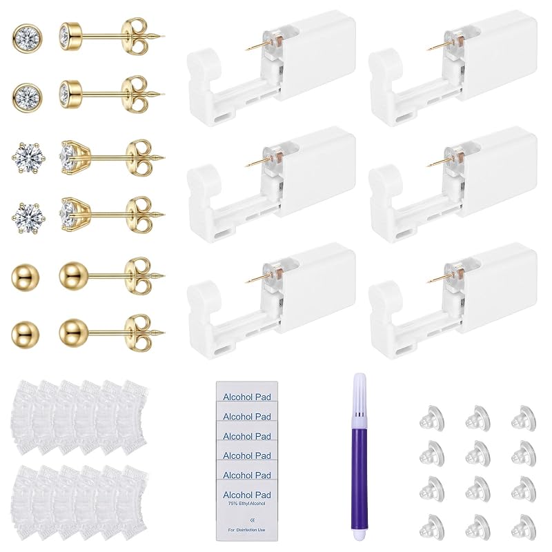 Kit para Piercing de Orelha Heygueo com Pistolas Descartáveis, Brincos e Acessórios, Dourado, 43 Peças