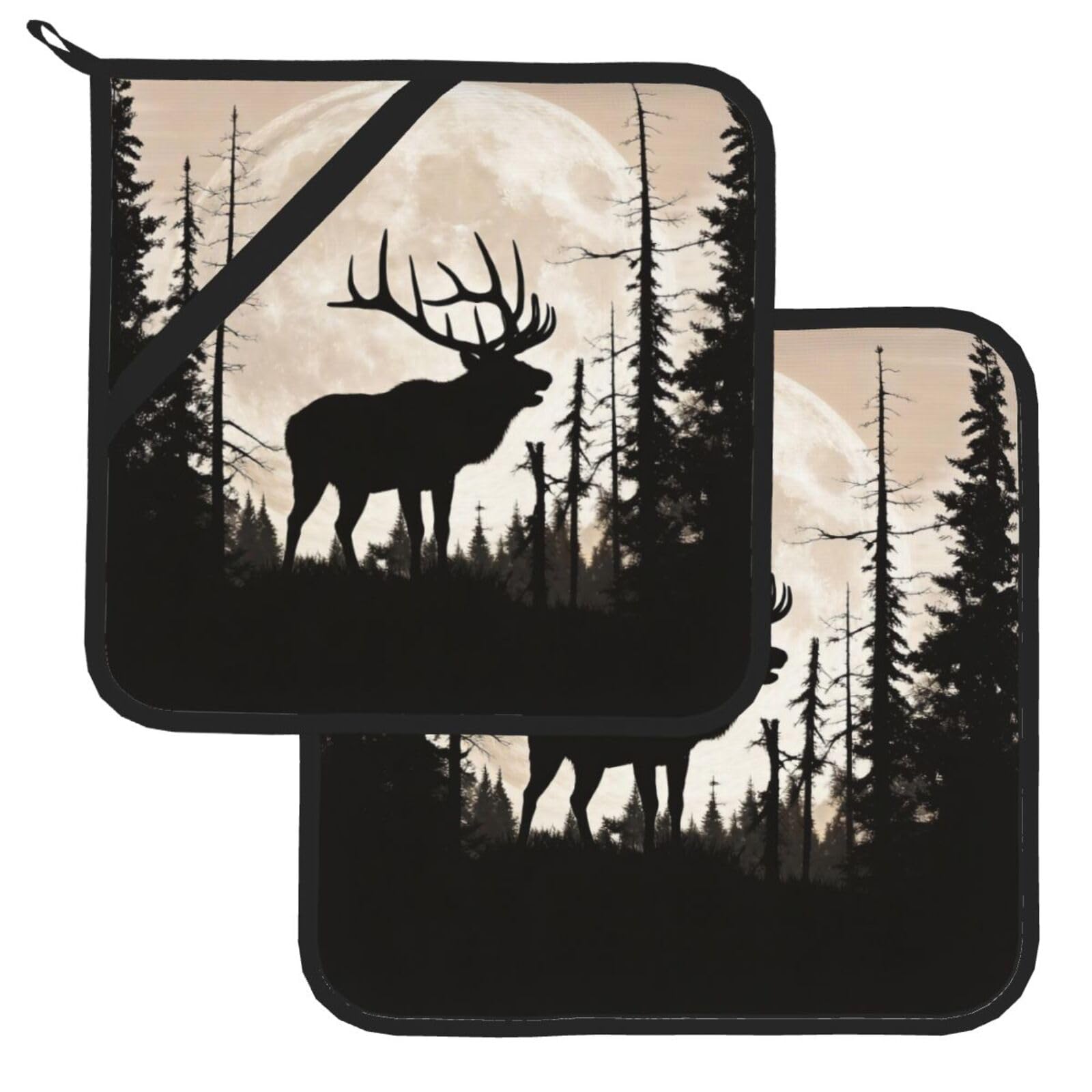 Pot Holder Set of 2 Heat Resistant Potholders Wild Elk silhouette Pot Holders Non Slip Kitchen Trivets Cooking Hot Potholder Washable Oven Mitts Oven Hot Pads for Kitchen Baking BBQ