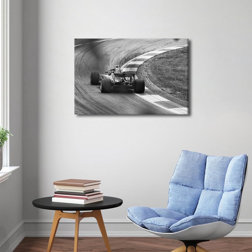 TISHIRON Race Car on the Road Wall Art Racing Car Driving into the Corner Pictures Canvas Prints Framed Balck and White Car Modern Artwork for Home Living Room Bedroom Bathroom Decor 24" Wx16 H - Image 2