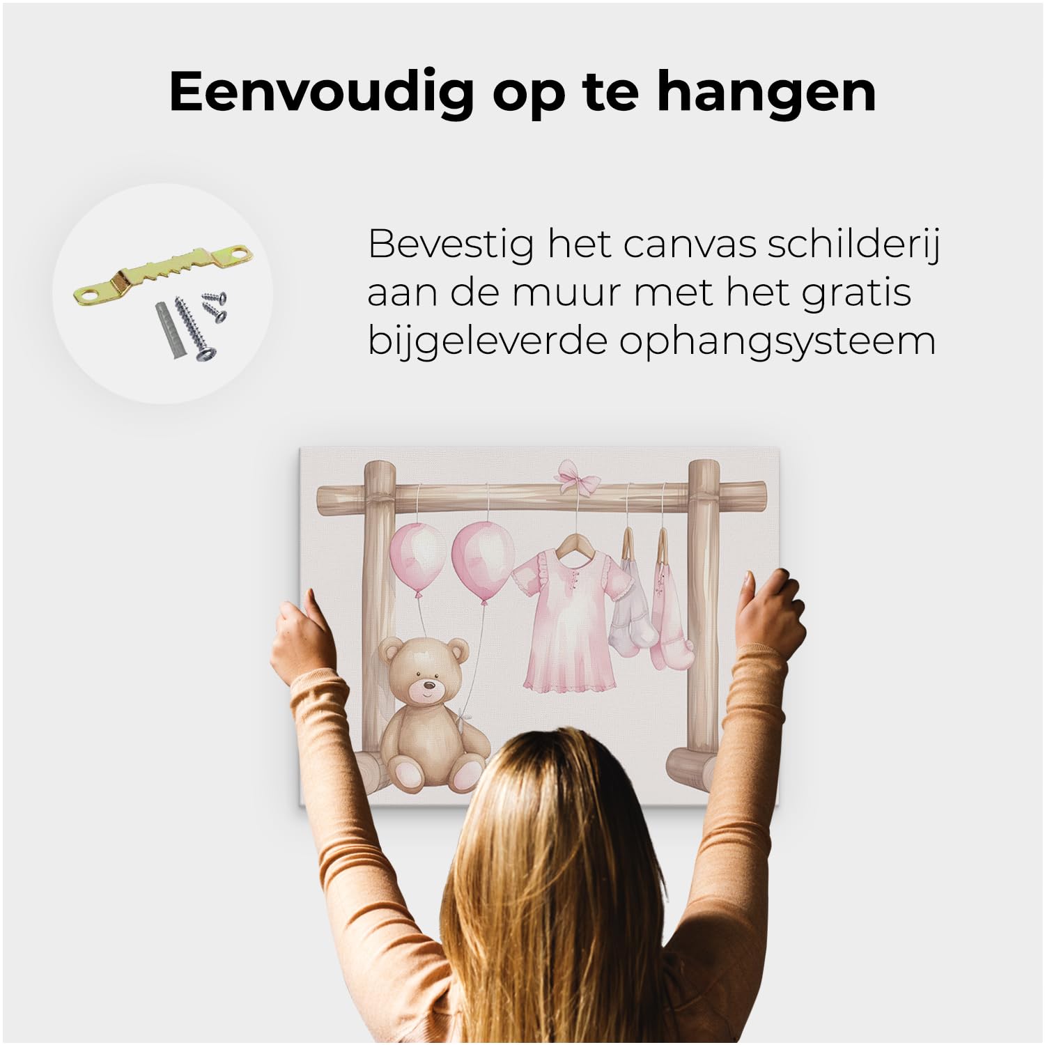 Artaza Leinwand Bilder Baby Mädchen Kleidung Rosa - 80x60 cm - Wanddeko Kinderzimmer - Wandbilder Teddybär - Deko Luftballons - Rosa