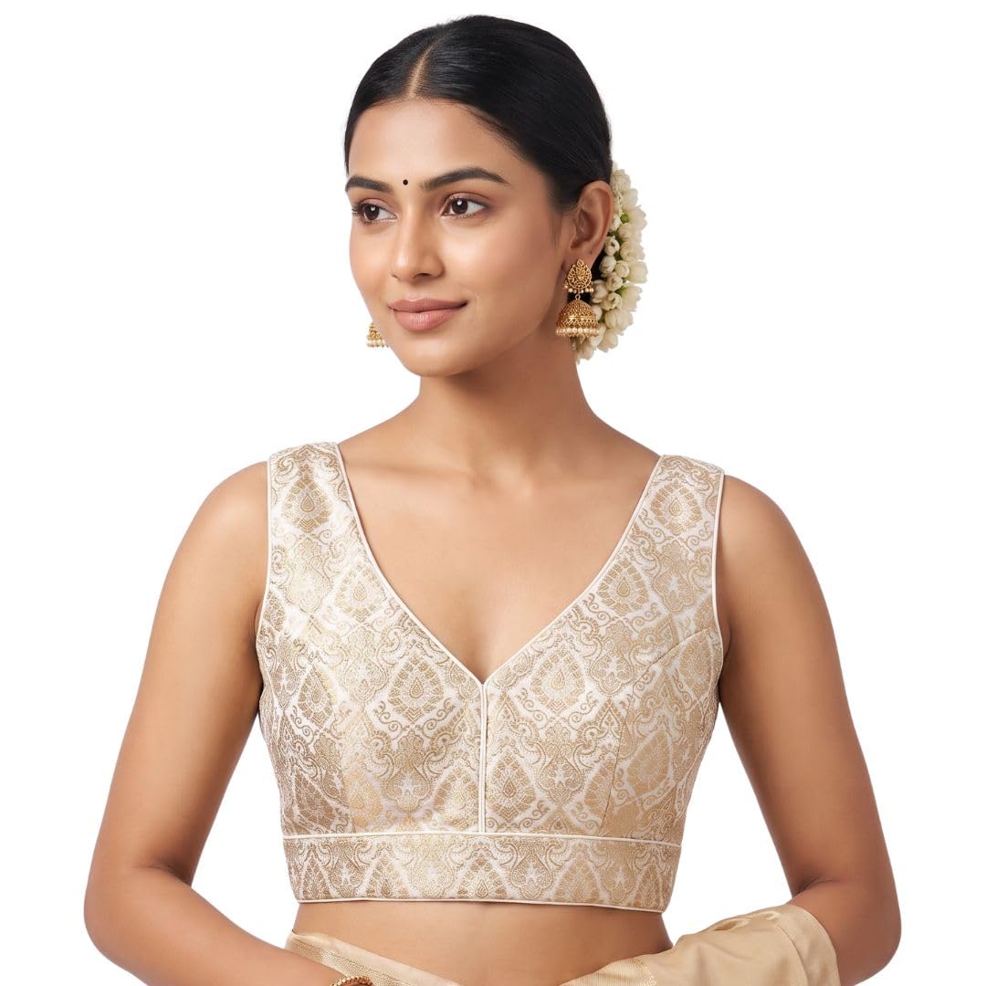 Women's Cream Gold Sleeveless Brocade Saree Blouse-image-25