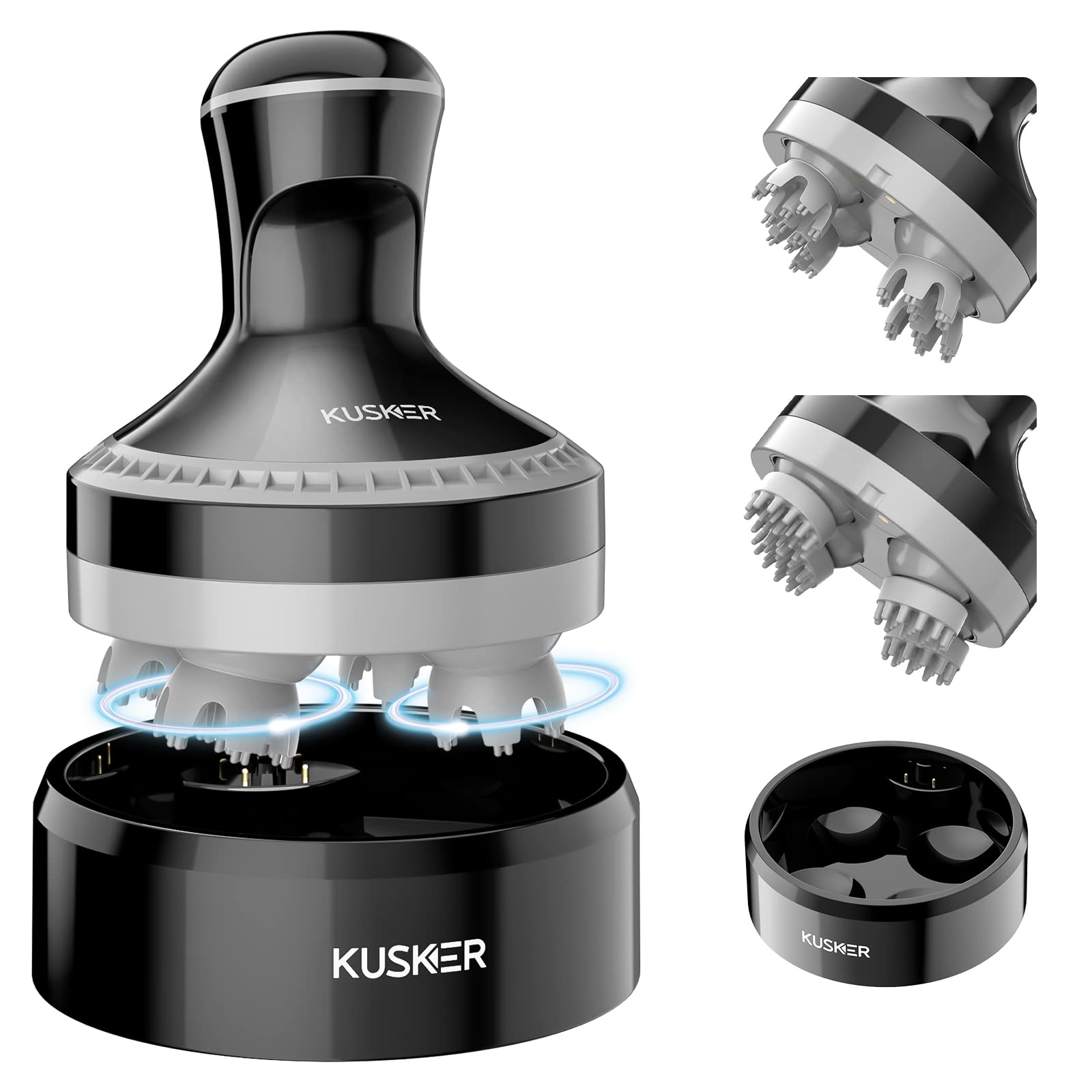 KUSKER Electric Scalp Massager - Cordless Head Massager with 8 Replacement Massage Heads - Handheld Head Scratcher for Full Body Massage, Hair Growth and Stress Relax, Cat Massager for Pets