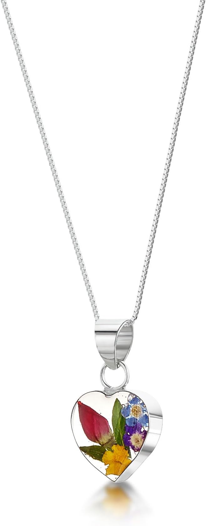 Sterling Silver Real Flower Pendant Necklace - Mixed Flowers - Heart - 18" chain included