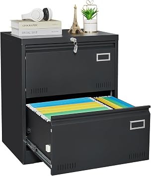 2 Drawer Metal Lateral File Cabinet with Lock, Black