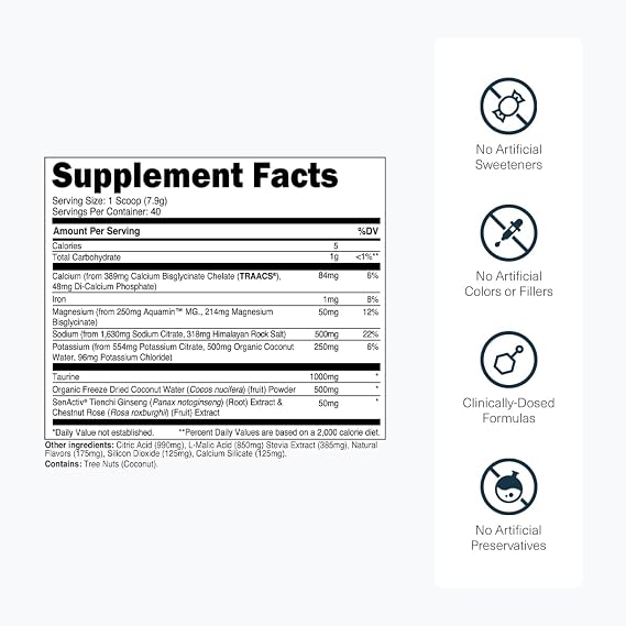 Transparent Labs Hydrate Sugar Free Electrolytes Powder - Hydration Powder Electrolytes Naturally Flavored & Sweetened w Stevia w Coconut Water, Taurine, Potassium - 40 Servings, Arctic Freeze