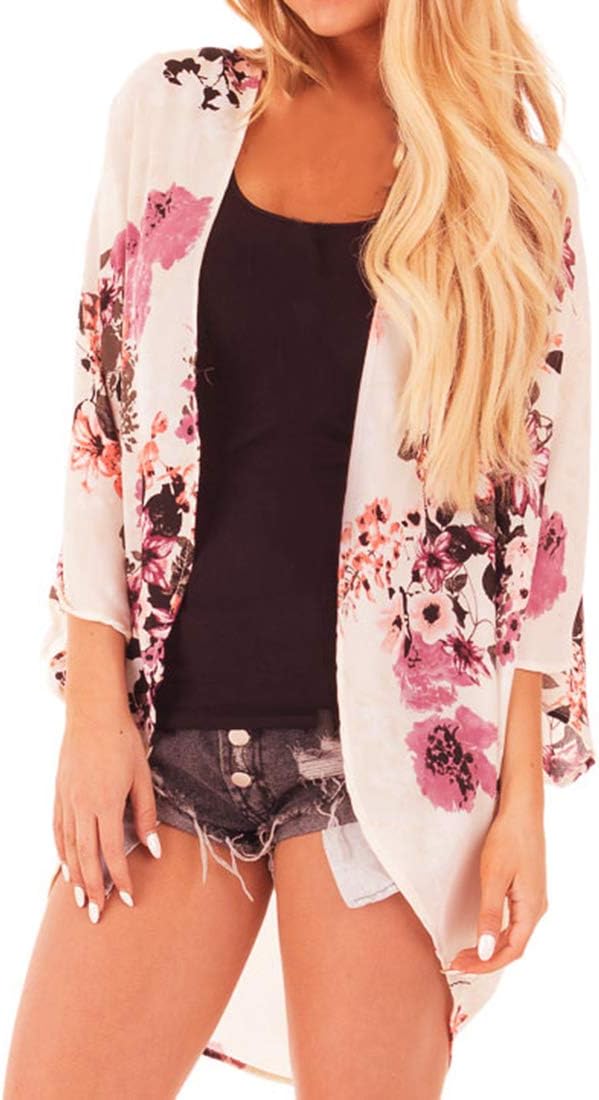 Womens Floral Chiffon Kimono Cardigans Loose Beach Cover Up Half Sleeve Tops