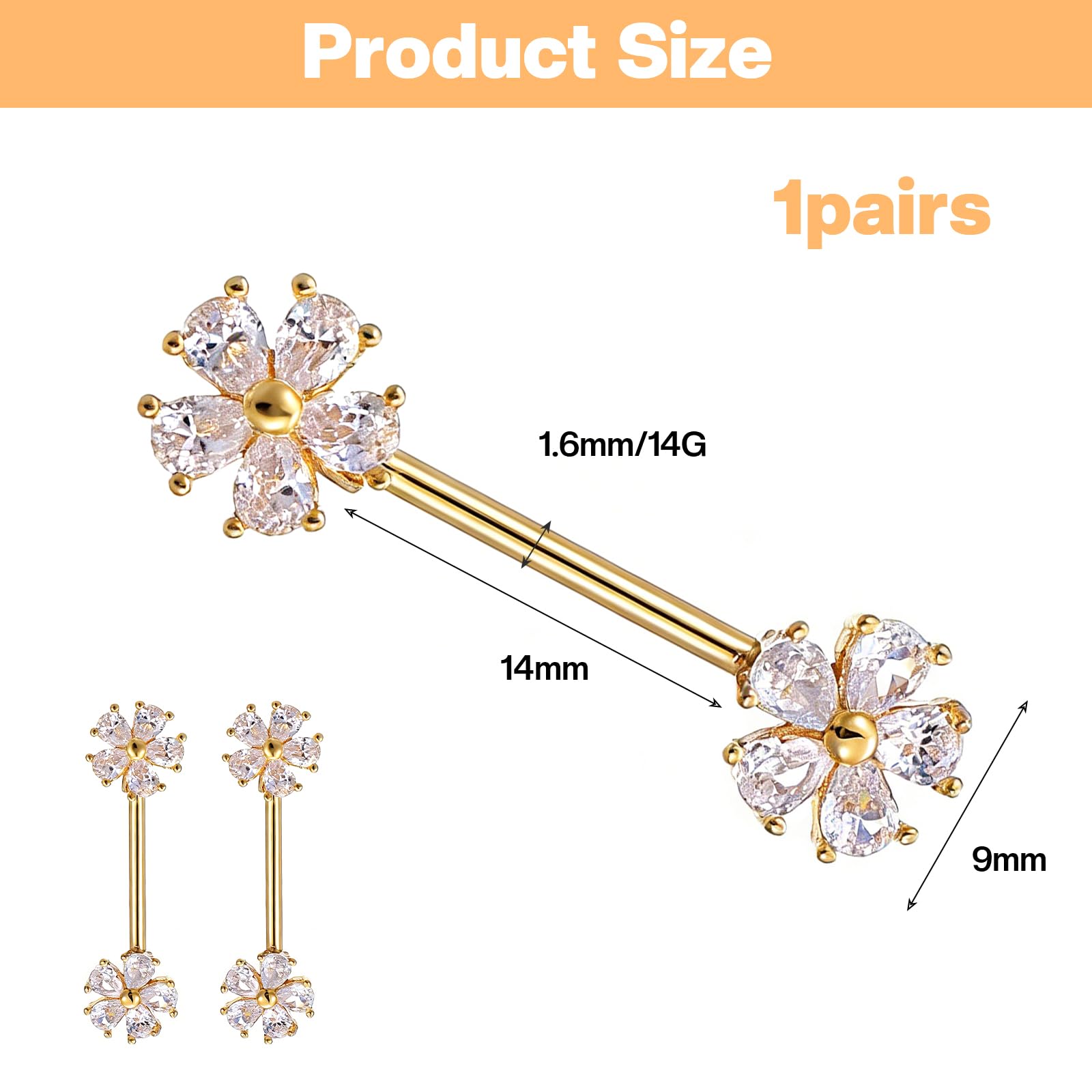 14g Brustwarzenpiercing Set Mit Zirkonia-Blumen 316l Chirurgenstahl Funkelnde Brustpiercing Nippel Brustwarze Piercing Ring Schmuck Für Damen Und Herren - 2