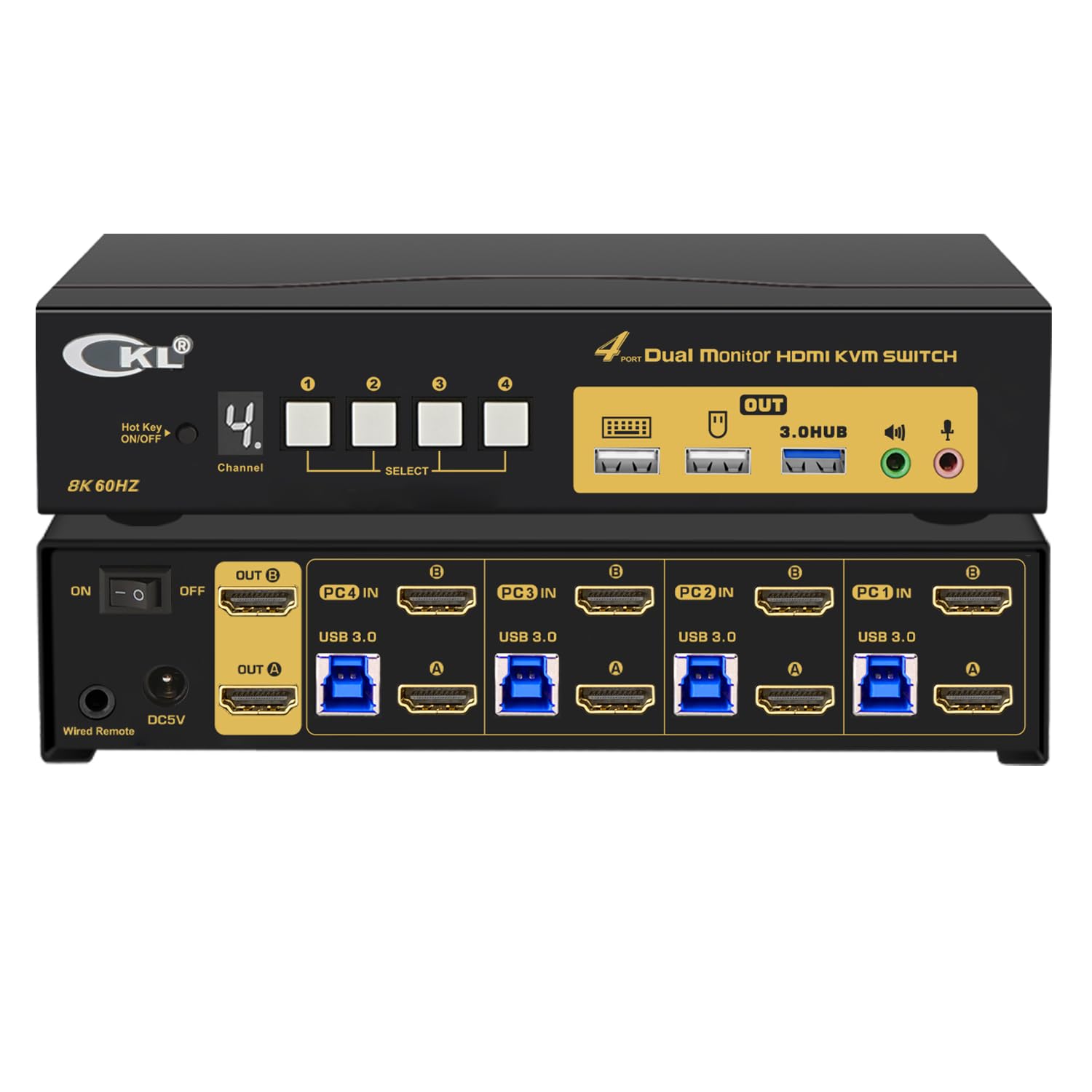 CKL 8K HDMI 2.1 KVM Switch (4 Computers 2 Monitors with EDID)