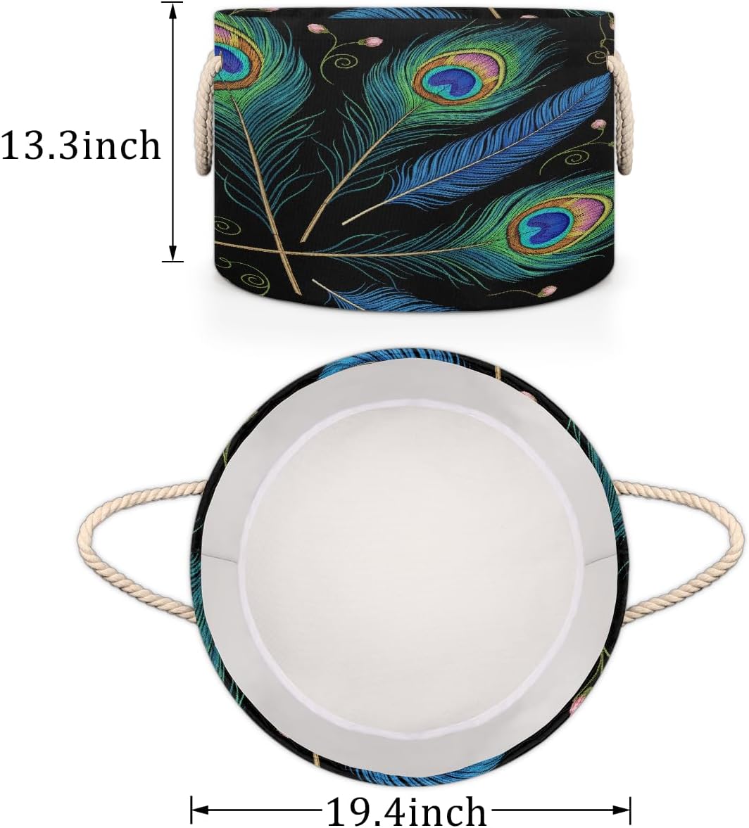 Large Storage Baskets Peacock Feather Nursery Round Collapsible Organizer Bin Box, Laundry Hamper for Kids Toys, Blanket, Bedroom Living Room Home Decor, Gift Basket, 19.4"x13.3"