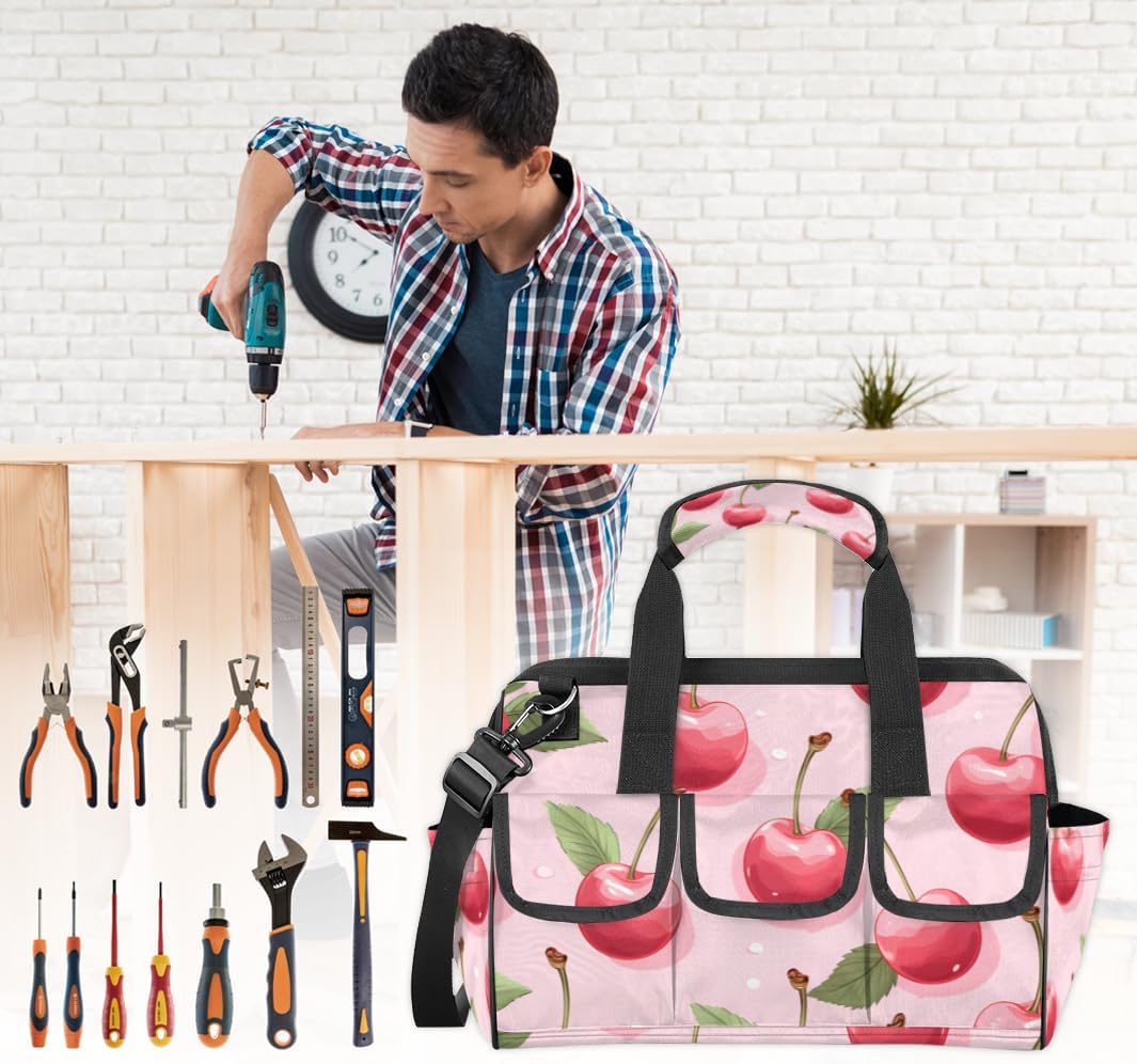 Funny Cherrys Tool Bag with Multi-Pockets Wide Mouth Tool Tote Bag for Women and Men Waterproof Tool Organizer Storage Bag with Adjustable Shoulder Strap and Ergonomic Handle