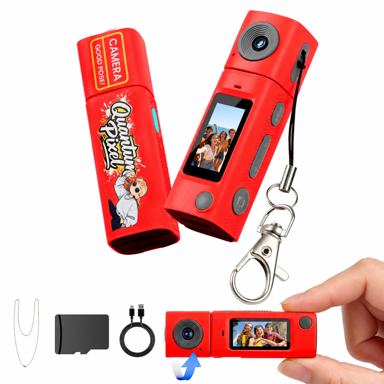 Mini Keychain Digital Camera,Y2K Retro Pocket Digicam 2K HD Video Camera, 270° Rotatable Lens, Built-in Flash, Type-C Charging, with 32GB SD Card & Keychain