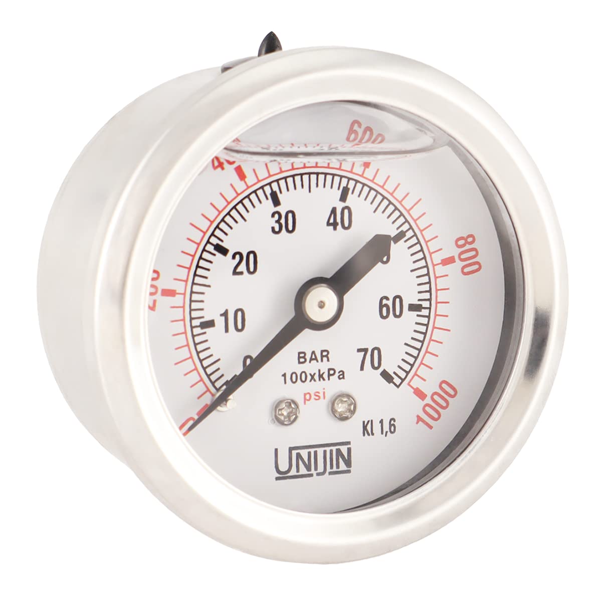 P251 Series 2" Dial, Oil Filled Pressure Gauge w/Brass Internals, 0-1000 PSI/kPa, ±1.6% Accuracy, 1/8" NPT, Back Mount