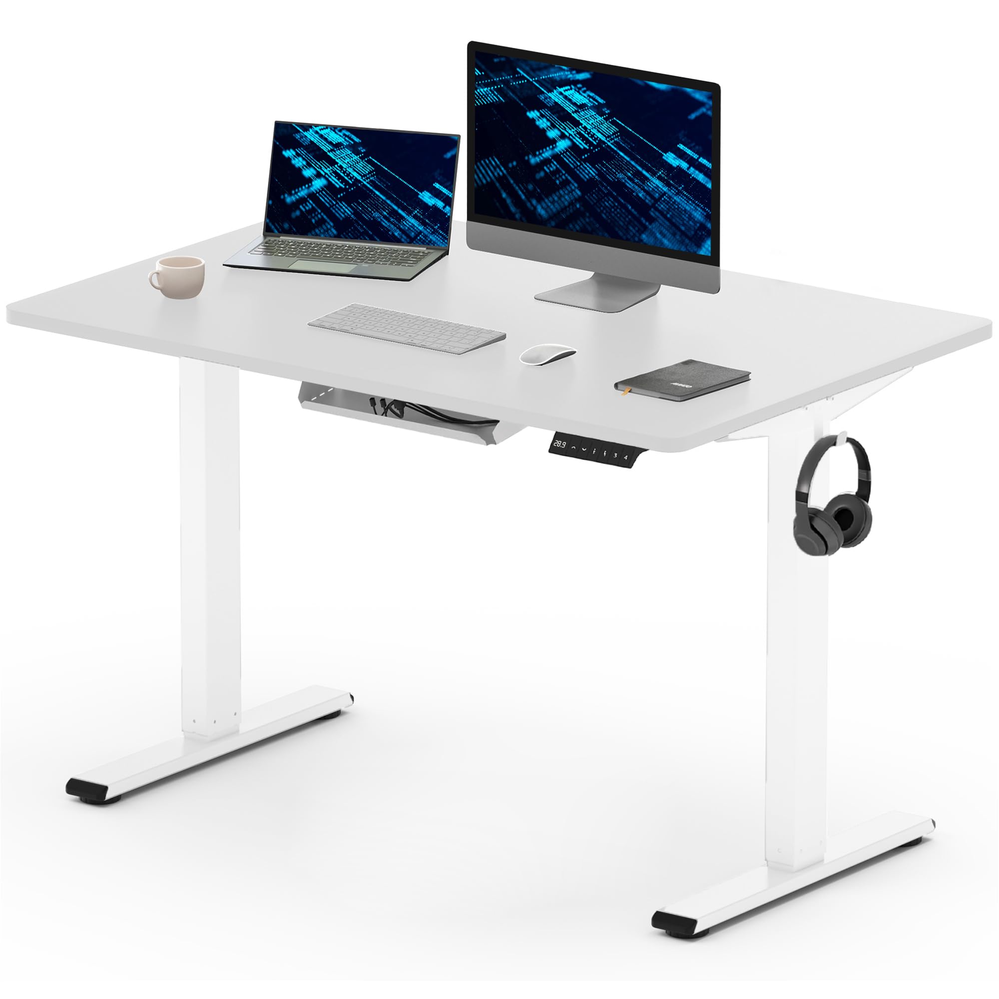 FLEXISPOT ONE PIECE Electric Standing Desk Height Adjustable Sit Stand Up Desk with Memory Smart Panel (White Frame+120x60cm White Desktop)