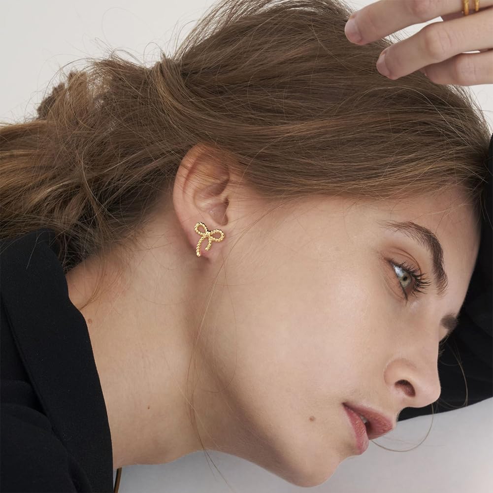 3 Pairs Gold Bow Stud Earrings Set For Women Small Cute Bow Studs Present - Image 3