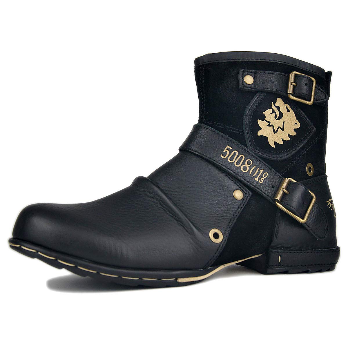 OSSTONE Herren Stiefel aus Rindsleder, Lederstiefel mit Gummisohle Biker Boots mit Reißverschluss, 6.5