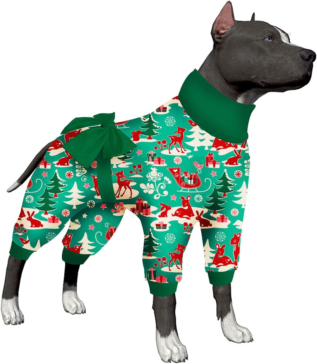 LovinPet Dog Christmas Pajamas Long Sleeve Shirts for Dogs, Funny Dog Costume Christmas Holiday, Comfy Stretchy Fabric, Christmas Critters Aqua Prints Large Dog Pajamas Pitbull Clothes Christmas Party
