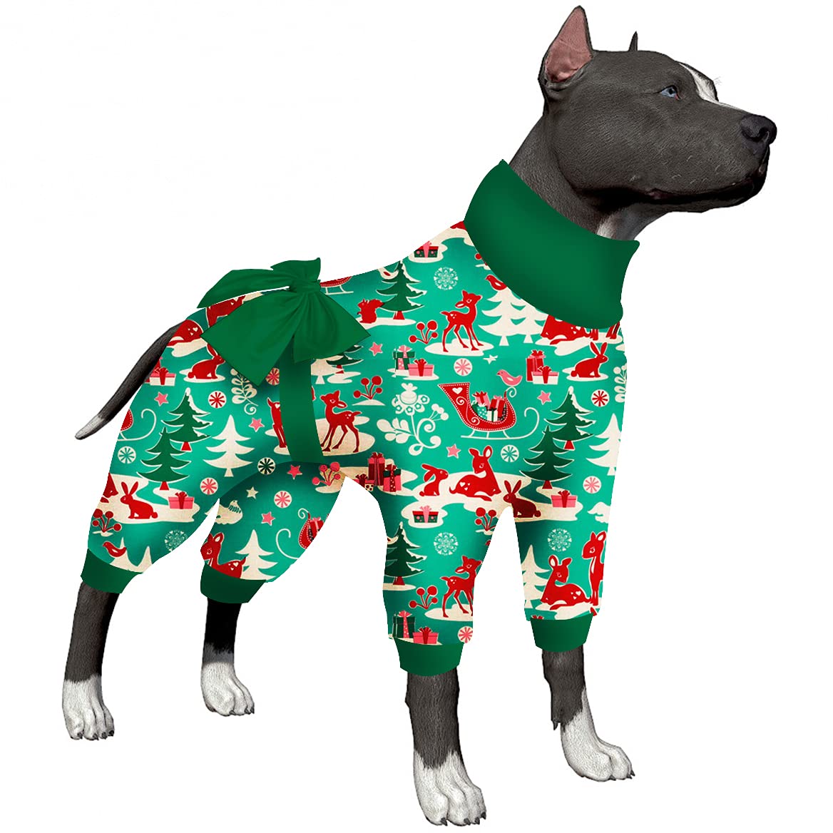 LovinPet Dog Christmas Pajamas Long Sleeve Shirts for Dogs, Funny Dog Costume Christmas Holiday, Comfy Stretchy Fabric, Christmas Critters Aqua Prints Large Dog Pajamas Pitbull Clothes Christmas Party