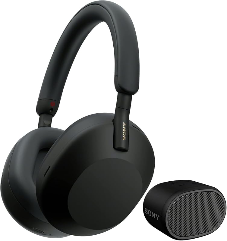 Paquete de auriculares supraaurales inalámbricos con cancelación de ruido WH-1000XM5 (negro) | parlante Bluetooth portátil con graves extra, cancelación de ruido líder en la industria, tecnología de sensor de ruido múltiple, (2 artículos)