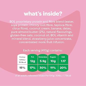 BOL Strawberry Power Shake Ready-to-Drink, 6 x 410ml Bottles | 25g Protein Per Bottle, Nutritionally Complete, Meal Replacement, Low Calorie, Low Sugar, High Fibre, Plant-Based, Multipack
